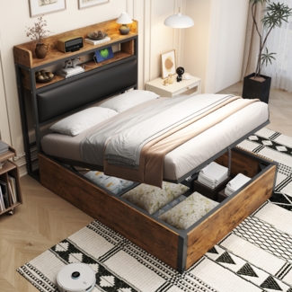 Bettrahmen, mit hydraulischem Hubmechanismus, USB, gepolstertem Kopfteil, Retro-Holz- und Metalldesign, versteckte Stauraumschicht, Einzelbett, Moderne Schlafzimmermöbel, Holz und Metall, Schwarz, 90 x 200