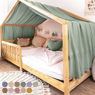 lilimaus Betthimmel Musselin Hausbett Himmel Kinderzimmer Baumwolle mit Gold, Gemütlicher Baldachin aus Baumwolle für traumhafte Kinderzimmer-Deko