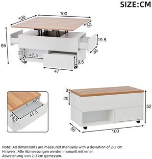 autolock Couchtisch Beistelltisch Esstisch anhebbarer Kaffeetisch mit 4 Rollen, Stauraum (100*50*52 cm, 4 Schubladen), höhenverstellbar Sofatisch multifunktionaler Wohnzimmertisch