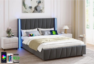 LVHOM Boxbett 140x200cm/160x200cm Trapez-Muster, Einzigartigen Design Bettgestell (Integriertes Hydrauliksystem, LED-Leuchten in 16 Farben, Seitlicher USB-Ladeanschluss, Weicher, hautfreundlicher Samtstoff, Stabiler Rahmen, Komfort, Stauraum und Stil i...