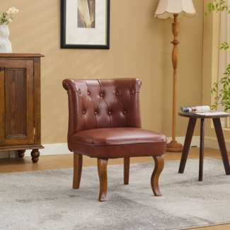 Echtleder Sessel, Loungesessel Wohnzimmer, Kautschukholz Massivholz, Einzelstuhl, Pull-Point Knöpfe, Esszimmerstuhl, bis 150 kg,Braun