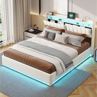 Furnishings Home Polsterbett 140 × 200 cm gepolstertes Doppelbett mit LED-Beleuchtung, (Hydraulisch hebbarer Stauraum) Beige Samt 1 USB-Anschluss