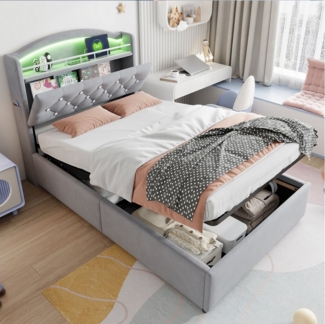 Flieks Polsterbett, Hydraulisches Kinderbett 90x200cm mit LED, Stauraum und Aufladen