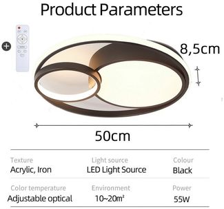style home Deckenleuchte lampe LED Deckenlampe, 55W Warmweiß bis Kaltweiß 3000K-6000K, LED fest integriert, dimmbar mit Fernbedienung, für Schlafzimmer Esszimmer Küche Flur (50 X 50 X 8.5 cm)