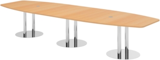 bümö Konferenztisch oval 400x130 cm großer Besprechungstisch in Buche, Besprechungstisch mit Chromsäulen, Meetingtisch für 14 Personen, XXL-Tisch für Besprechungsraum & Meeting, KT40S-6-C