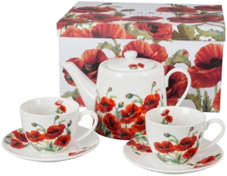 DUO FLORAL Set aus Teekanne, Edelstahl-Sieb und zwei Tassen mit Untertassen CLASSIC POPPIES New Bone China Porzellan