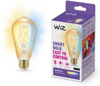 WiZ Tunable White Amber LED Lampe E27 (640 lm), 1er-Pack 50 W Filament Lampe im Vintage Design mit bernsteinfarbenem dimmbarem Licht, smarte Lichtsteuerung über WLAN per Stimme/App