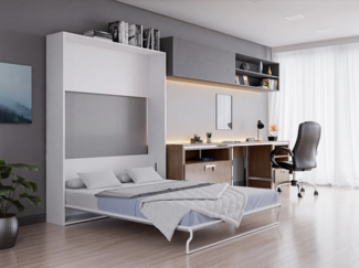 Vente-unique - Schrankbett + Matratze - 160 x 200 cm - Manuelle vertikale Öffnung - Weiß & Grau - MALINA II