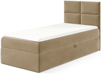 MEBLINI Kinderbett mit Bettkasten MINO 3 80x200 Rechts – H3/Hellbraun Samt Gepolstert Einzelbett mit Matratze - Polsterbett mit Stauraum - Bett mit Kopfteil – Stauraumbett