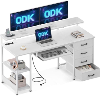ODK Schreibtisch 140x52x92cm Weiß Gaming Tisch mit 4 Schubladen und USB Ports