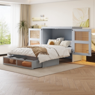Merax Doppelbett Schrankbett 140 x 200 cm, Wandbett mit Lattenrost, Wandklappbett, vertikales schrankbett mit Lattenrost, mit Stauraumschubladen, Rattan-Design, Holzbetten, Grau