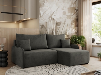 Ecksofa für das Wohnzimmer, mit losen Kissen, Schlaffunktion und Bettkästen, L-förmiges Ecksofa mit Armlehnen, Wellenfeder - ARPA - Dunkelgrau Velours - rechte Seite