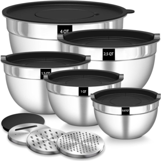 Edelstahl Rührschüssel Set 5er Salatschüsseln 4.5L 2.7L 1.6L 1.1L 0.7L mit