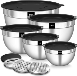 Edelstahl Rührschüssel Set 5er Salatschüsseln 4.5L 2.7L 1.6L 1.1L 0.7L mit