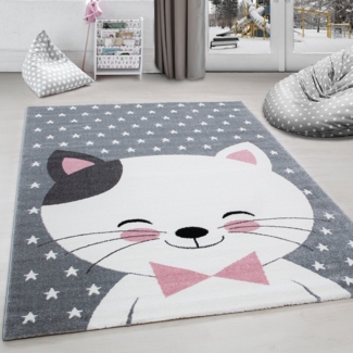 Carpettex Kinderteppich Niedliches Katze design, Läufer, Höhe: 11 mm, Kinderteppich Katze Design Rosa Baby Teppich Kinderzimmer Pflegeleicht