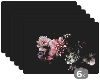 MuchoWow Platzset Blumen - Vintage - Pastell - Schwarz - Blumenstrauß, (6-St), Platzsets, Tischset, Abwaschbar, Tischsets, Platzdeckchen