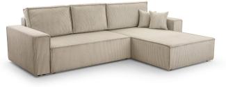 Furnix Ecksofa MANRESA MINI in L-Form Schlaffunktion Bettkasten PSO100 Beige, Zierkissen, moderner Cord, Design & Funktionalität