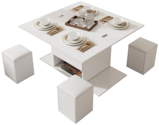 KLAM HOME Couchtisch Höhenverstellbarer Couchtisch Mit Anhebbarer Tischplatte Und Stauraum (Multifunktionaler Wohnzimmertisch In Weiß Mit 4 Integrierten Hockern), Moderner Esstisch Und Arbeitstisch 100x100 cm