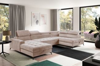 AX LIVING Beige Eckcouch mit Schlaffunktion Arkucio U 345 cm Ecksofa L