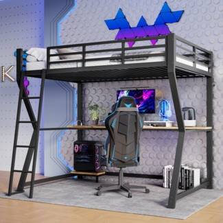 Hochbett mit Schreibtisch und LED-Beleuchtung (90x200 cm) Kinderbett mit Rausfallschutz, Metallbett