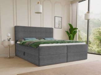 Boxspringbett Mollo mit 2 Bettkästen, Doppelbett mit Bonell-Matratze und Topper, Polsterbett in weichem Cordstoff, Bett, Bettgestell für Schlafzimmer (Graphit (Tilia 90), 180 x 200 cm)