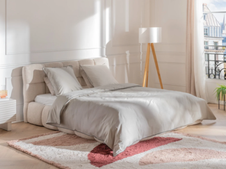 Vente-unique - Bettwäsche-Set – Baumwollperkal 80 Fäden/cm² – Bettbezug 240x260 cm + 2 Kissenbezüge 63x63 cm – Taupe mit schwarzem Paspel – AGAMI von PALACIO