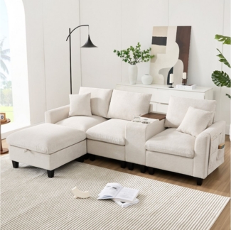i@home Ecksofa 4-Sitzer-Sofa, L-Form Sofa, mit Konsole, 2 Becherhaltern, USB Ladeanschlüssen, grau/beige