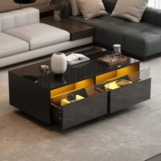 Couchtisch mit LED Beleuchtung, Schwarz Hochglanz Wohnzimmertisch 94x50x34 cm, mit Glasrückwand und 2 Schubladen