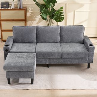Sofa L-Form H 80 x T 202 x B 137 cm, Leinen, mit 2 USB & Typ-C und Getränkehaltern