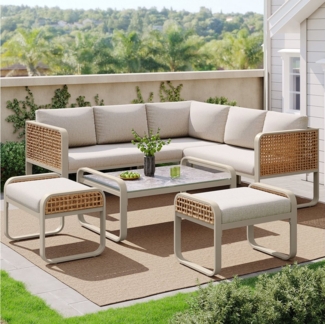 Merax Gartenlounge-Set, (Sitzgruppe Balkonmöbel mit 2-Sitzer-Sofa, Ecksofa, Hocker & Couchtisch, 6-tlg), Polyrattan Gartenmöbel mit Couchtisch, Gartengarnitur für 7 Personen