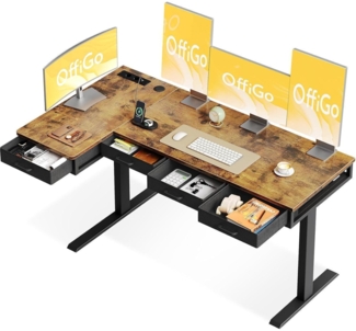 Höhenverstellbarer Eckschreibtisch 160cm mit 4 Schubladen und Steckdose - Braun