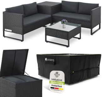 Juskys Outdoor Polyrattan Lounge Santorini inkl. Abdeckung - Gartenlounge mit Beistelltisch & Auflagenbox - Gartenmöbel Set Rattan Sitzecke wetterfest - Schwarz