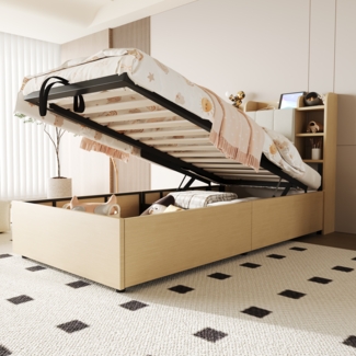 Holzbett Hydraulisches Bett Kopfteil mit Stauraum ausgestattet mit USB- und Tape-C-Steckdose Einzelbett Jugendbett Holz Holzfarbe 90 x 200 cm
