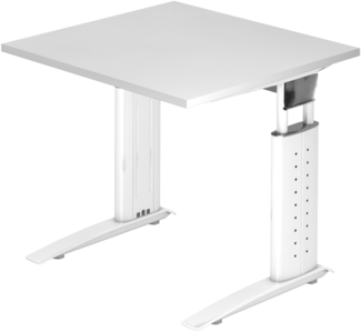 bümö höhenverstellbarer Schreibtisch U-Serie 80x80 weiß, Gestell in weiß - PC Tisch klein für's Büro manuell höhenverstellbar, Computertisch verstellbar, US-08-W-W