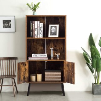 COSTWAY Bücherschrank mit 2 Türen, Bücherregal Holz, Standregal Vintage, Holzregal