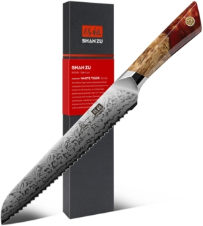 SHAN ZU Damast Brotmesser, 18cm Japanisches Küchenmesser aus SG2-Pulverstahl, Handgeschmiedetes Profi Kochmesser aus 91 Schichten Damaststahl, Ergonomischer Ahorngriff – WHITE TIGER Series