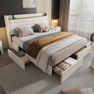 LVHOM Polsterbett 140x200cm Bettgestell, Doppelbett/Stauraumbett/Funktionsbett, 4 praktischen Stauraumschubladen,USB-Anschlüssen, Kopfteil mit Einlegeboden(Samt, dick gepolstert)