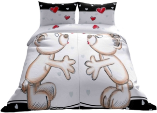 Leonado Vicenti Bettwäsche Allergiker geeignet 135x200, Microfaser, 4 teilig, Partnerbettwäsche mit Bärchen und Herzen