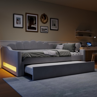 Merax Daybett Polsterbett 140x200cm Doppelbett Tagesbett mit Ausziehbett 90x190cm und LED, Grau