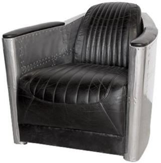 Casa Padrino Art Deco Aluminium Echtleder Sessel Schwarz / Silber 74,5 x 94 x H. 78 cm - Club Sessel - Lounge Sessel - Flugzeug Flieger Möbel