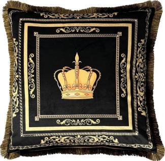 Belle Arti Dekokissen Kissen Zierkissen Sofa Samt 2er Set schwarz gold mit Bezug und Füllung, Löwe, Krone, Fransen, Versteckter Reißverschluss, Samt, Pflegeleicht