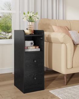 Nachttisch 2er Set, Schmal Beistelltisch mit 2 Schubladen, Nachttische mit Offenem Fach, für Schmale Räume Schlafzimmer, Wohnzimmer, 30 x 24 x 65 cm Schwarz