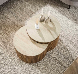 LEVEN Lifestyle Couchtisch 2´er Set Couchtisch rund ZEN STONE Travertin natur (2´er Set), Tischplatte ist aus hochwertiger Keramik in Travertin-Optik gefertigt