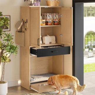 Multifunktionaler Tierschrank, in Eichenoptik 160cm hoch – Futterstation mit Napf, Hundebett, Stauraum und Haken – Tiermöbel und Küchenschrank für Flur, Küche oder Wohnzimmer, Futterstationen, Mehrzweckschränke, Holz，160cm