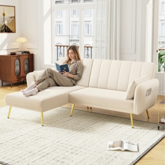 Merax Schlafsofa L-Form Klappsofa Samt Schlafsofa Ecksofa mit Schlaffunktion, 2–3 Sitzplätze, Metall-Rohrfüße 1 Teile, 3-Sitzer-Sofa mit verstellbarer Rückenlehne und Aufbewahrungstaschen