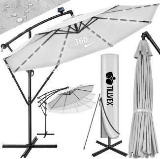 tillvex Alu Ampelschirm Grau LED Solar Ø 300 cm mit Kurbel | Sonnenschirm mit An-/Ausschalter | Gartenschirm UV-Schutz Aluminium | Kurbelschirm mit Ständer Marktschirm wasserdicht