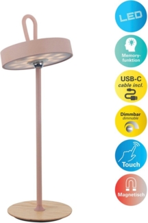 my home LED Tischleuchte Charmont mit Holzfuß, abnehmbares Kopfteil als Hängeleuchte verwendbar, Dimmfunktion, LED fest integriert, Warmweiß, aufladbar, inkl Akku + USB Kabel, Kopfteil magnetisch, abnehmbar, Holz