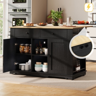 Kücheninsel Schwarz & Natur mit klappbarer Tischplatte, Steckdosen, Rollen, 2 Schubladen und 6 Fächern, ausziehbare Esstisch-Seite