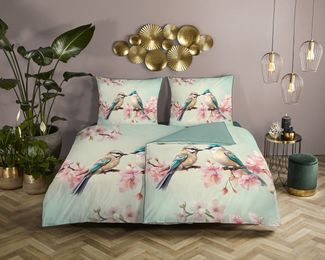 Descanso Wendebettwäsche Minne, Mako-Satin, Renforcé, Satin, 2 teilig, Satin, Reißverschluss, Paspel, Biese, Wendeoptik, Luxe, Vogel, Mint