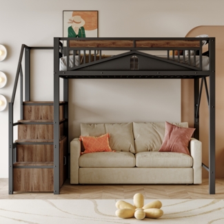 Merax Metall-Hochbett Kinderbett 140 x 200 cm, Doppelbett Einzigartiges Sicherheitsgehäuse mit Fenster, Sicherheitsleiter mit Spind, Schwarz